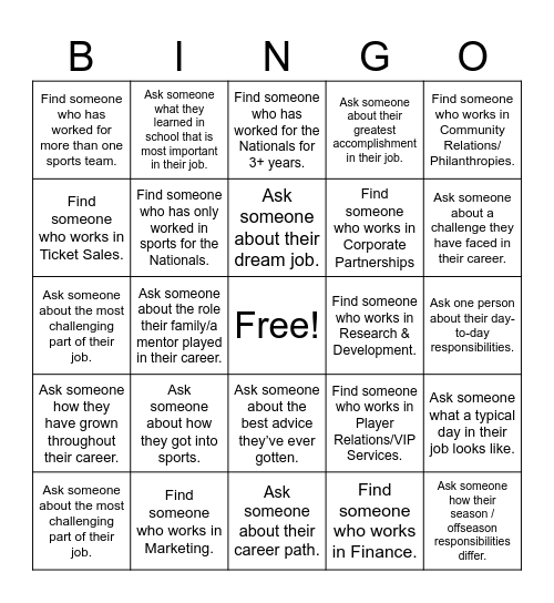 Career in Sports Day - Department Fair Bingo Card