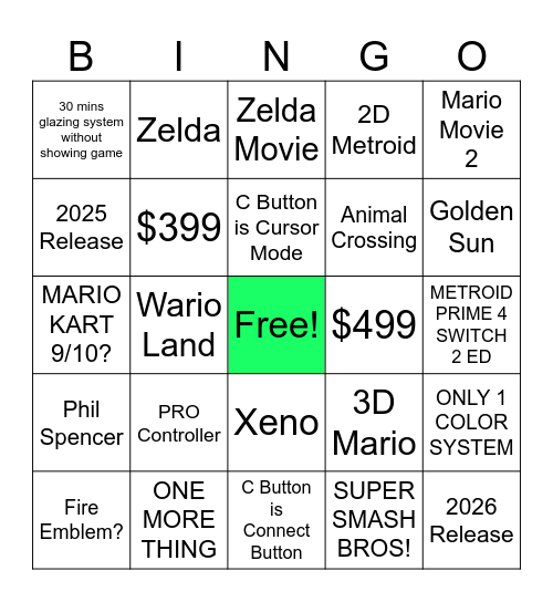 SWITCH 2 BOYS EDITION Bingo Card