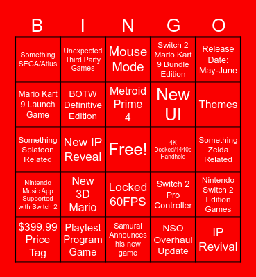 Nintendo Direct - Nintendo Switch 2 Bingo Card