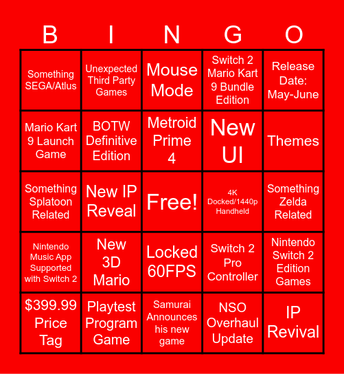 Nintendo Direct - Nintendo Switch 2 Bingo Card