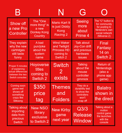 Switch 2 Bingo Card