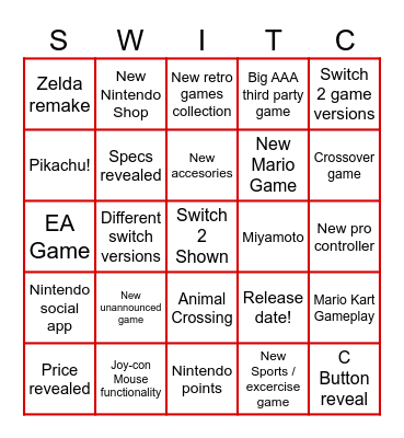 Switch 2 Bingo Card
