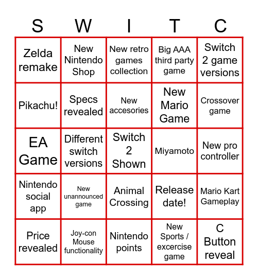 Switch 2 Bingo Card