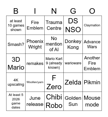 Switch 2 Bingo Card
