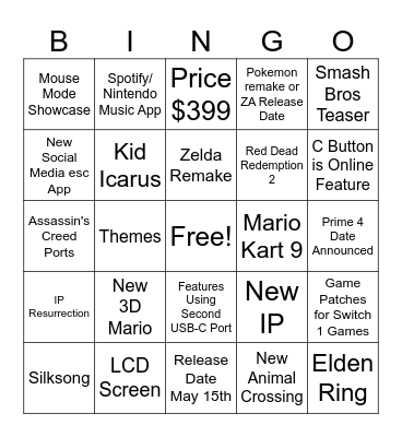 Nintendo Switch 2 Direct Bingo Card