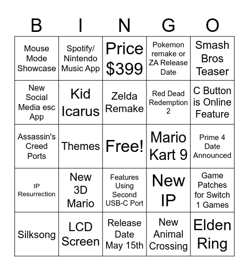 Nintendo Switch 2 Direct Bingo Card