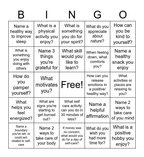 Self-care Bingo Card