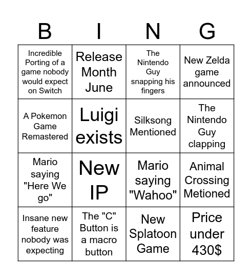Nintendo Event Bingo Card