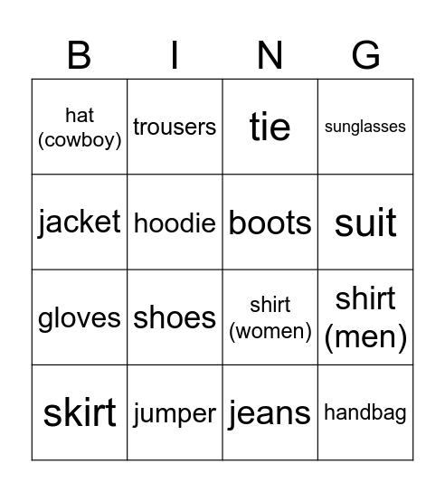 Kleidung/ Klamotten Bingo Card