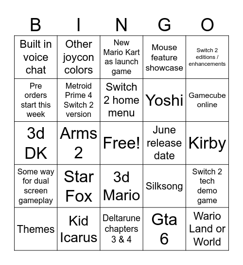 Switch 2 Direct Bingo Card