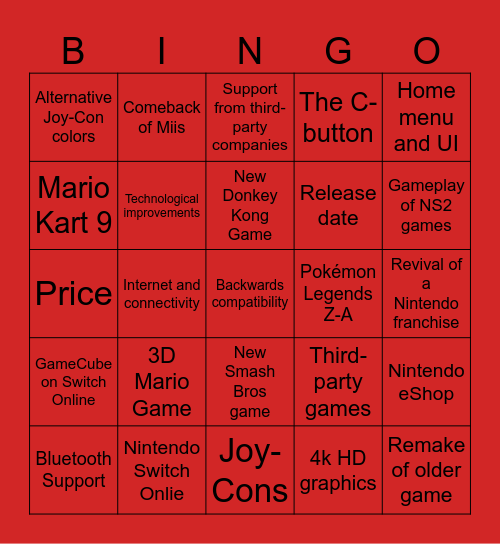 Nintendo Switch 2 Presentation Bingo Card Bingo Card