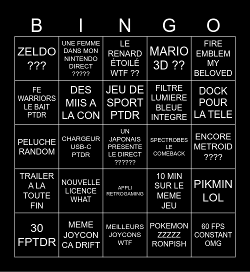 NINTENDO DIRECT Bingo Card