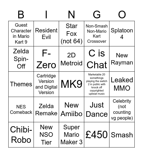 NINTENDO SWITCH 2 Bingo Card