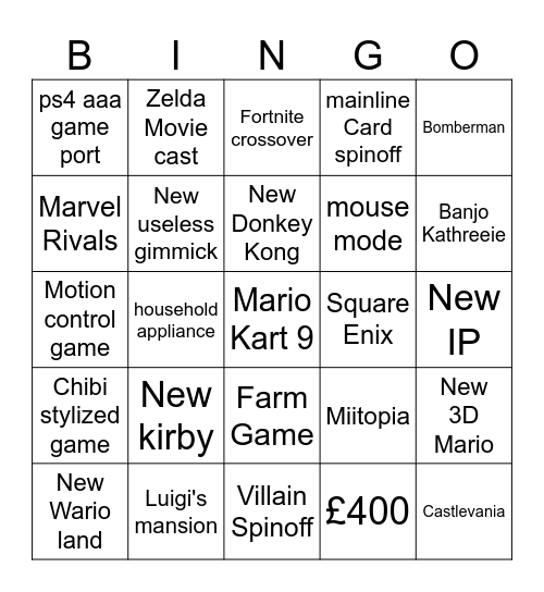 Nintendo switch 2 Bingo Card