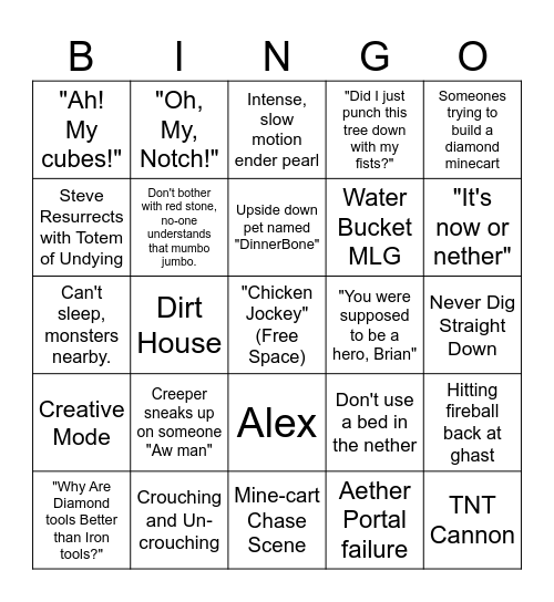 Minecraft Movie Bingo Card