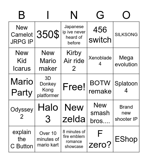 Switch 2 announcement Bingo Card