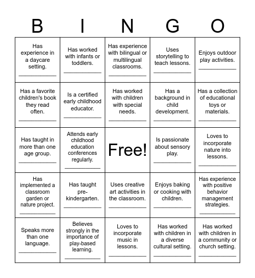 Early Childhood Bingo Card