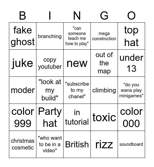 Gorilla tag Bingo Card
