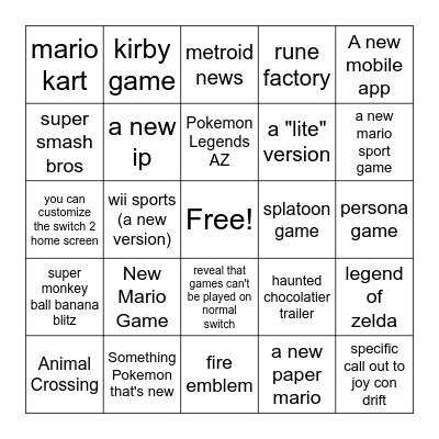 nintendo switch 2 direct Bingo Card