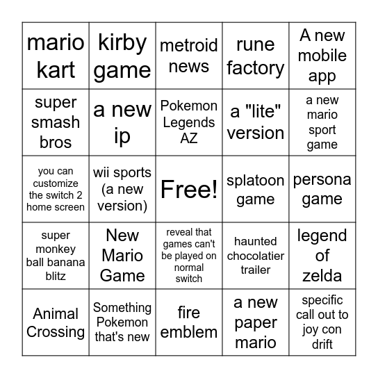 nintendo switch 2 direct Bingo Card