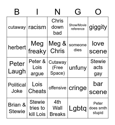 Family Guy Bingo Card