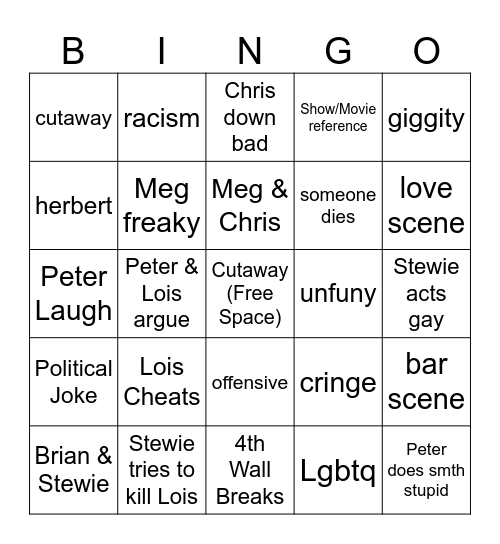 Family Guy Bingo Card
