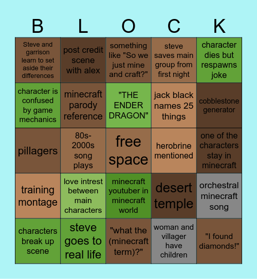 minecraft movie bingo Card