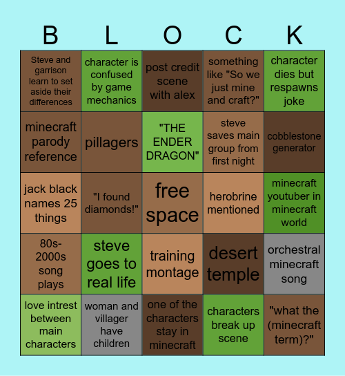 minecraft movie bingo Card