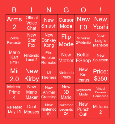Nintendo S2 Direct Bingo Card