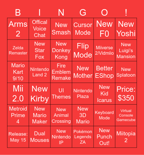 Nintendo S2 Direct Bingo Card