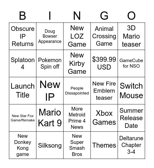 Nintendo Switch 2 Direct Bingo Card