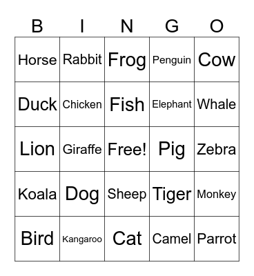 Animals Bingo Card