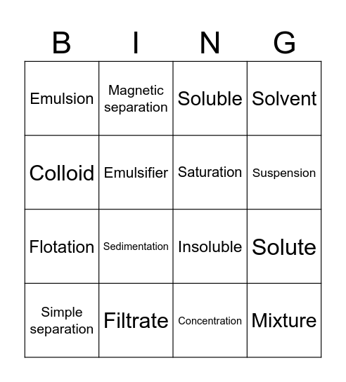 Mixtures & Separation Bingo Card