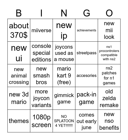 Nintendo Switch 2 Direct Bingo Card