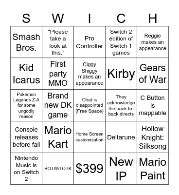 Nintendo Switch 2 Direct Bingo Card