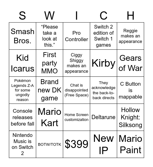 Nintendo Switch 2 Direct Bingo Card
