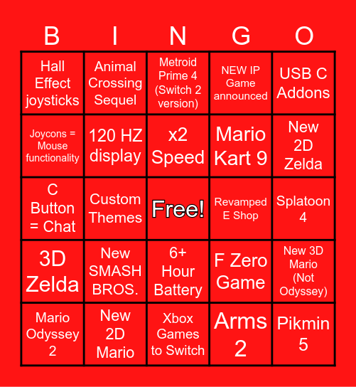 Nintendo Switch 2 Direct BINGO Card