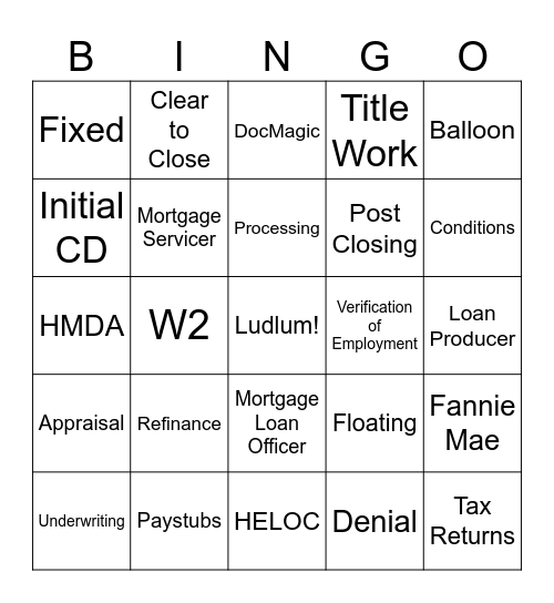Mortgage Bingo Card