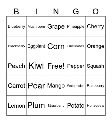 Fruits & Vegetables Bingo Card
