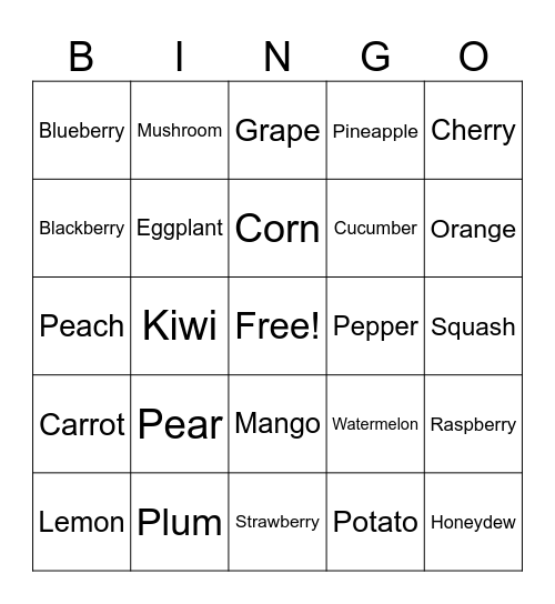 Fruits & Vegetables Bingo Card
