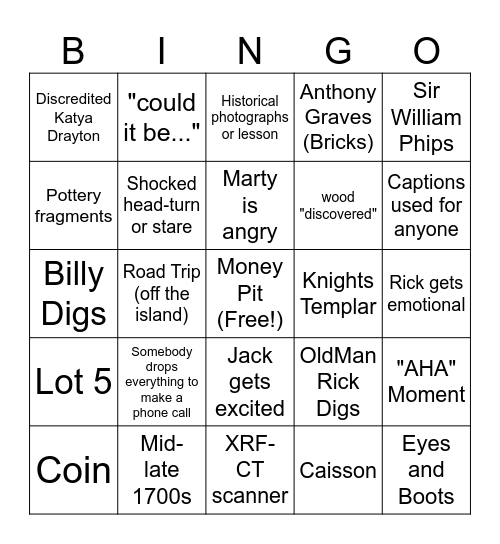 Curse of Oak Island Bingo Card
