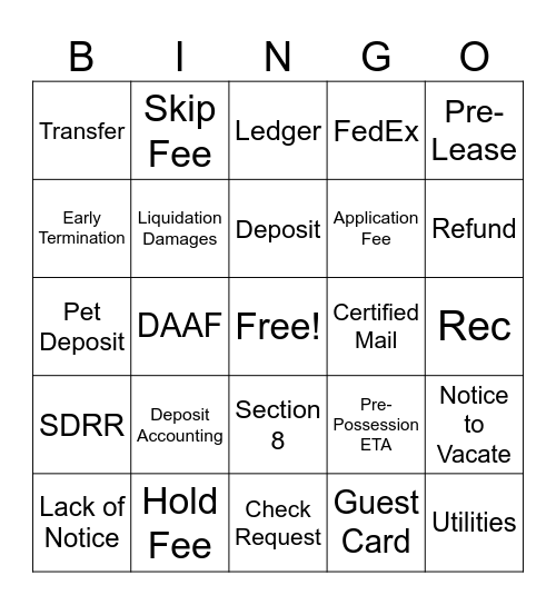Deposit Accounting Bingo Card