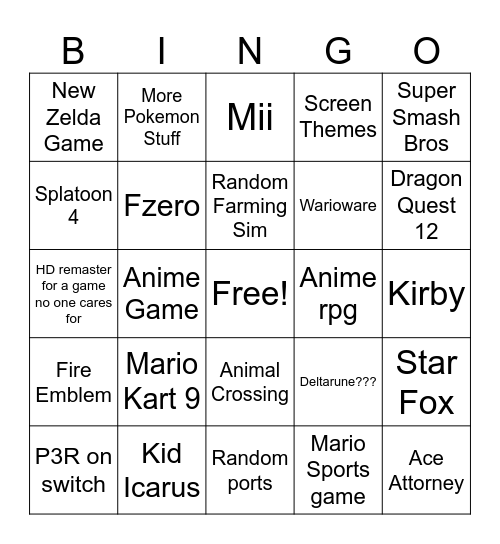Nintendo switch 2 Bingo Card