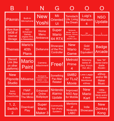 Nintendo Switch 2 Direct Bingo Card