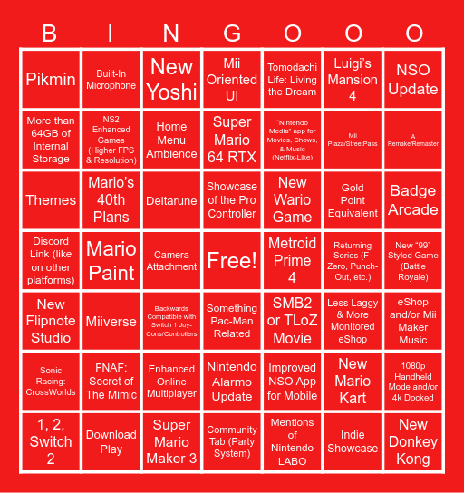 Nintendo Switch 2 Direct Bingo Card