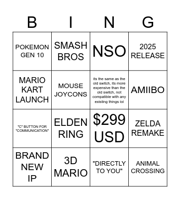 Switch 2 Direct Predictions Bingo Card