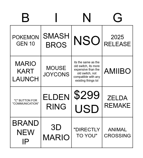 Switch 2 Direct Predictions Bingo Card