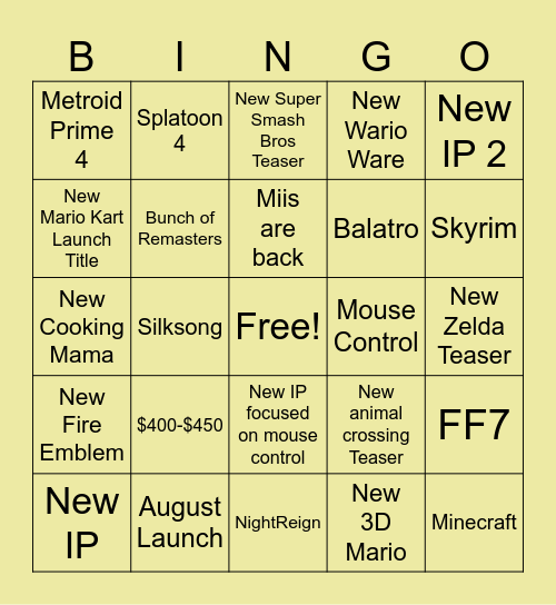 Switch 2 Bingo Card