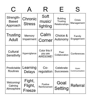 Trauma-Informed "CARES" Game Bingo Card