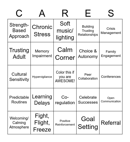 Trauma-Informed "CARES" Game Bingo Card